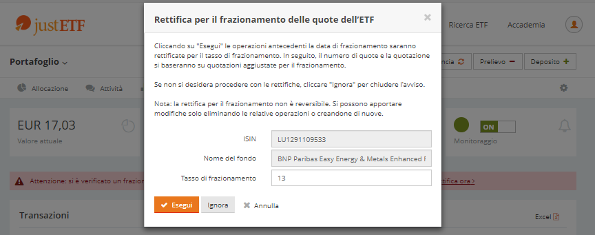 Registrazione del frazionamento