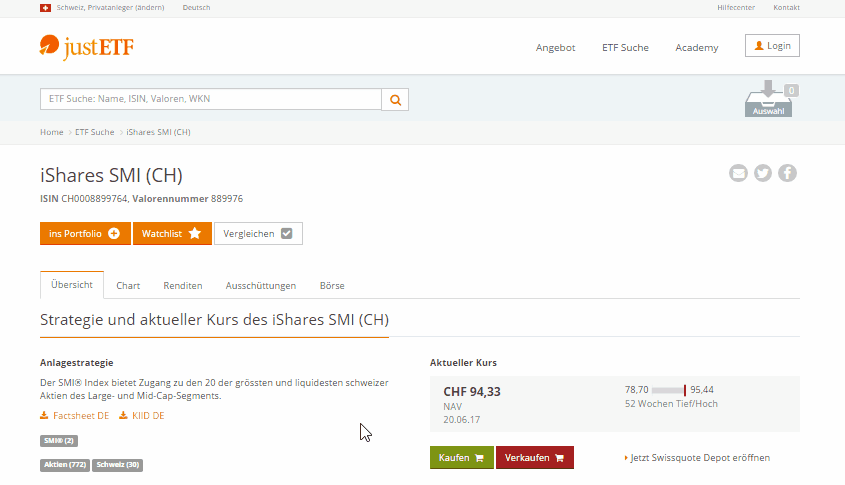 Swissquote Trade Button auf dem ETF Profil bei justETF
